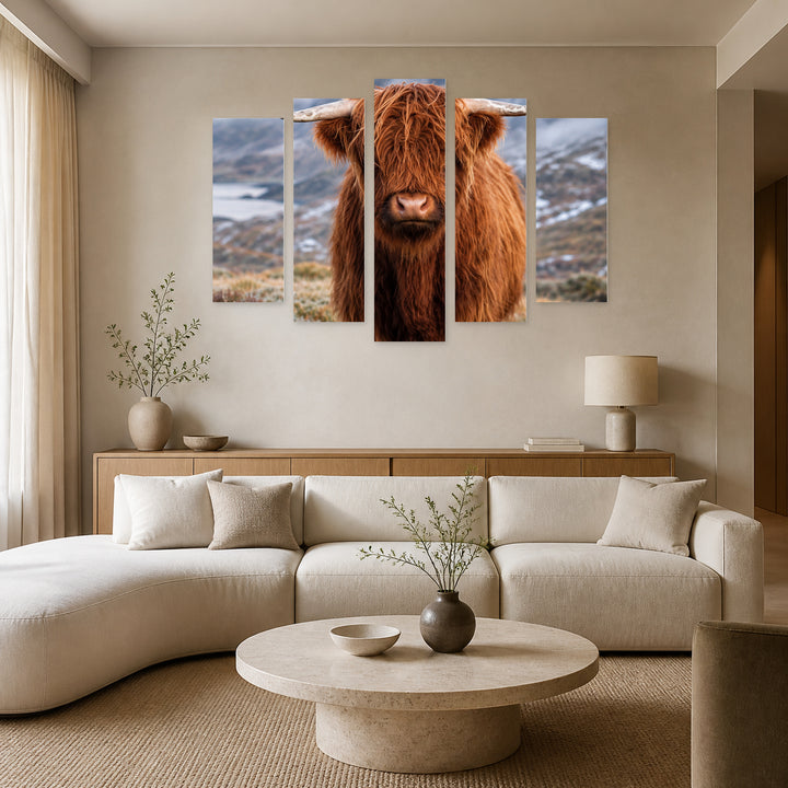 Scottish Calf with Dreamlike Atmosphere — five-panel wall art in alternate frontal interior | 5wallart 57640 M4