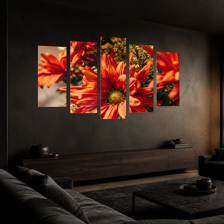 Bouquet of Chrysanthemums in Serene Light — five-panel wall art in perspective interior | 5wallart 57641 M2