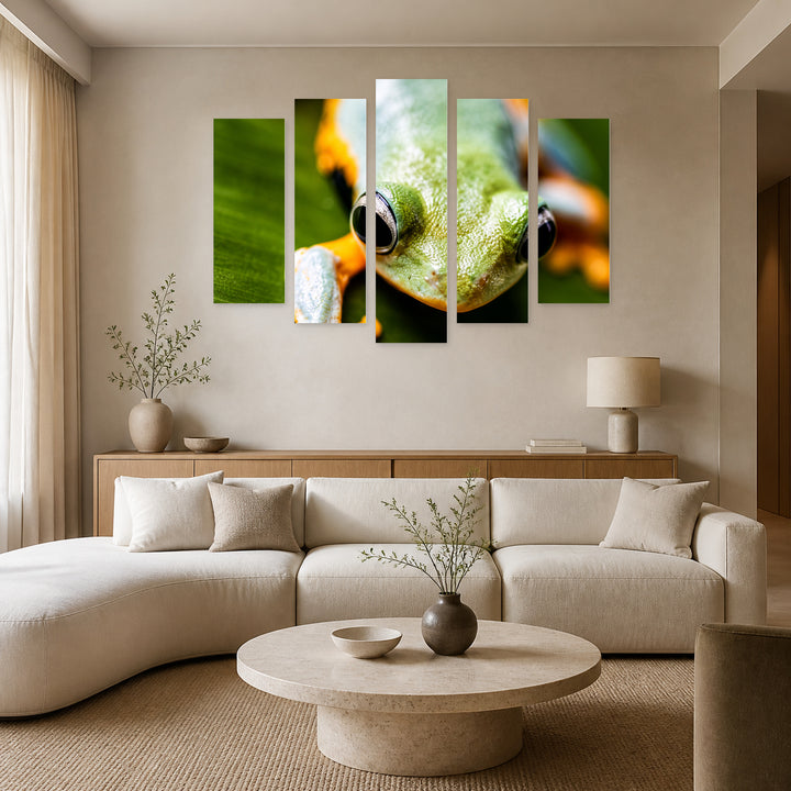 Orange Tree Frog Landscape Study — five-panel wall art in alternate frontal interior | 5wallart 57644 M4