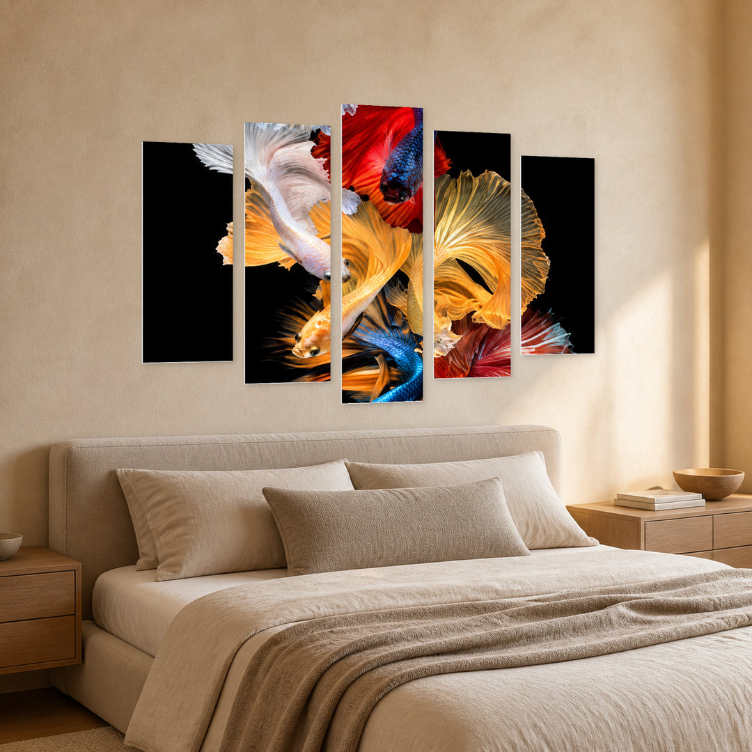Betta Fish in Vivid Color — five-panel wall art in perspective interior | 5wallart 57647 M2