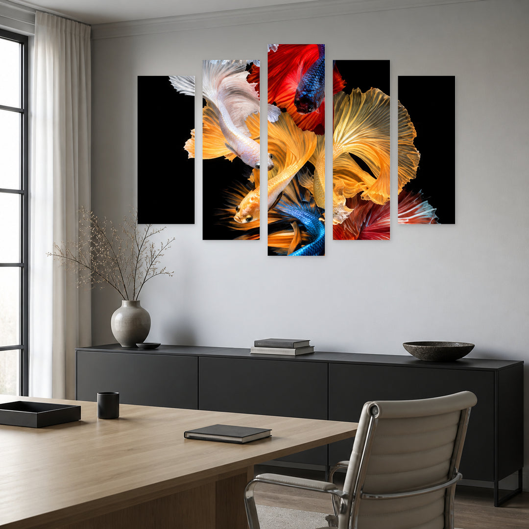 Betta Fish in Vivid Color — five-panel wall art in alternate frontal interior | 5wallart 57647 M4