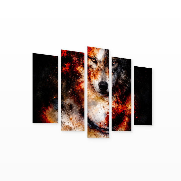 Red Wolf with Geometric Rhythm — five-panel wall art on white background in perspective | 5wallart 57649 M1