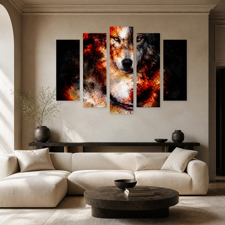 Red Wolf with Geometric Rhythm — five-panel wall art in frontal interior | 5wallart 57649 M3