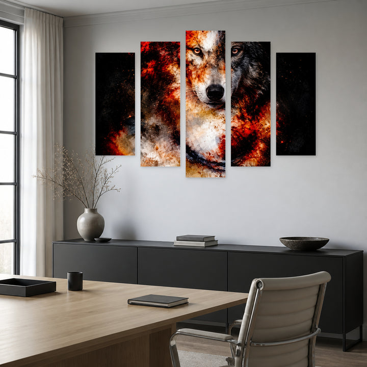 Red Wolf with Geometric Rhythm — five-panel wall art in alternate frontal interior | 5wallart 57649 M4