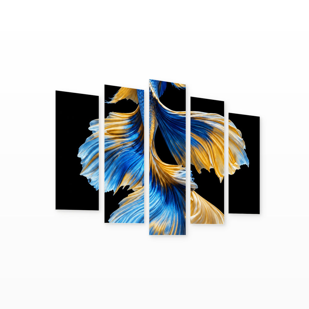 Siamese Fighting Fish in Blue and Gold — five-panel wall art on white background in perspective | 5wallart 57650 M1