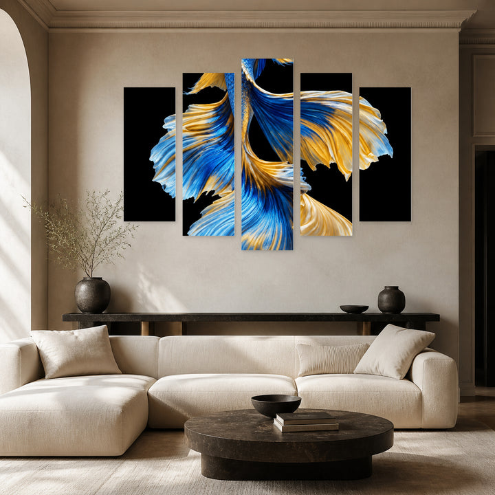 Siamese Fighting Fish in Blue and Gold — five-panel wall art in alternate frontal interior | 5wallart 57650 M4