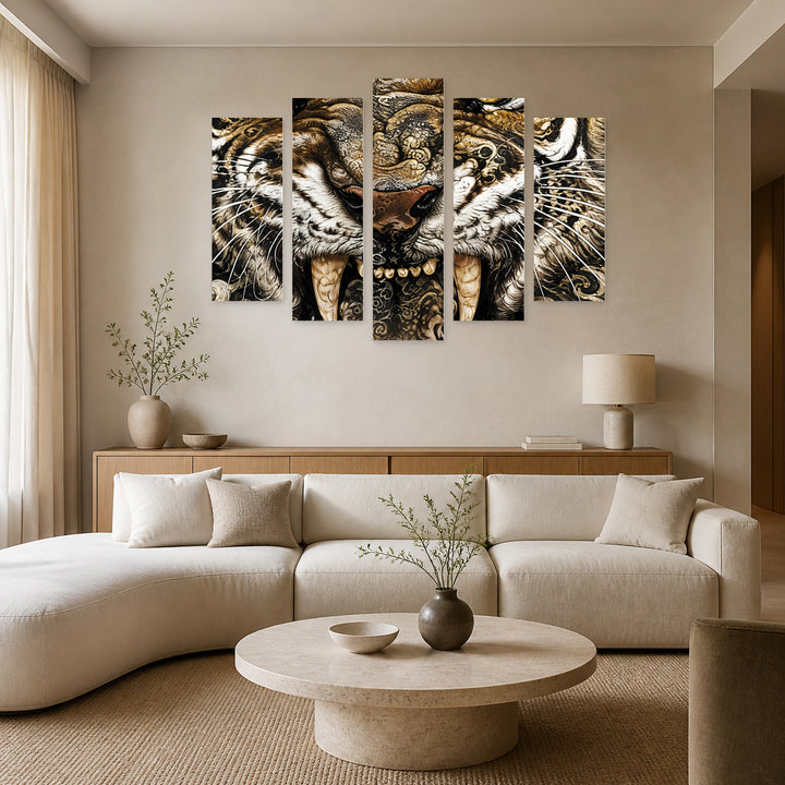 Vibrations of Animal Roar with Dramatic Contrast — five-panel wall art in frontal interior | 5wallart 57651 M3