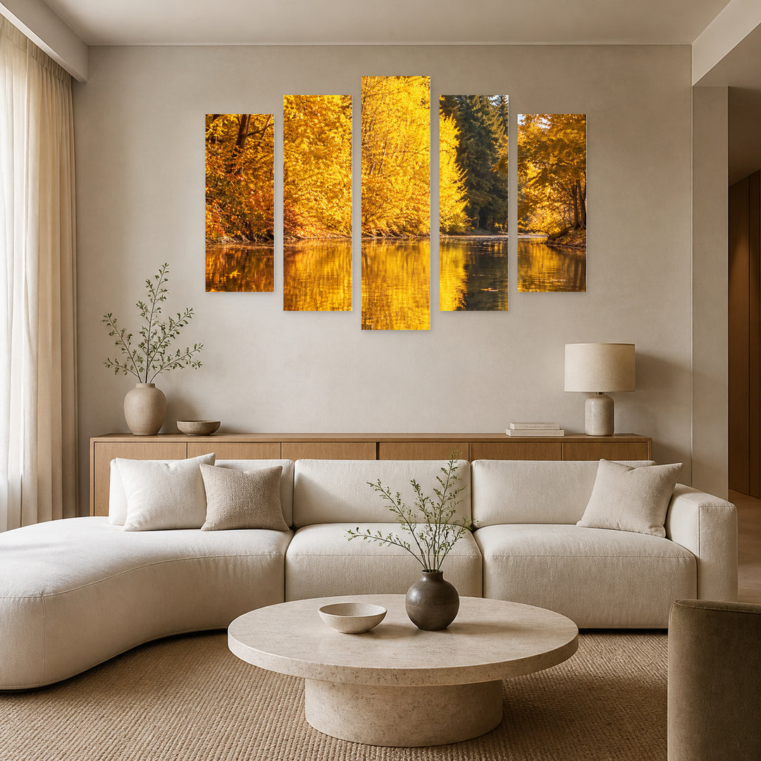 Reflection of Autumn in Serene Light — five-panel wall art in alternate frontal interior | 5wallart 57652 M4