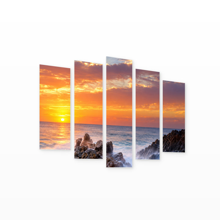 Bold Dreams in Blue and Gold — five-panel wall art on white background in perspective | 5wallart 57653 M1