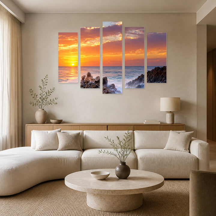Bold Dreams in Blue and Gold — five-panel wall art in frontal interior | 5wallart 57653 M3