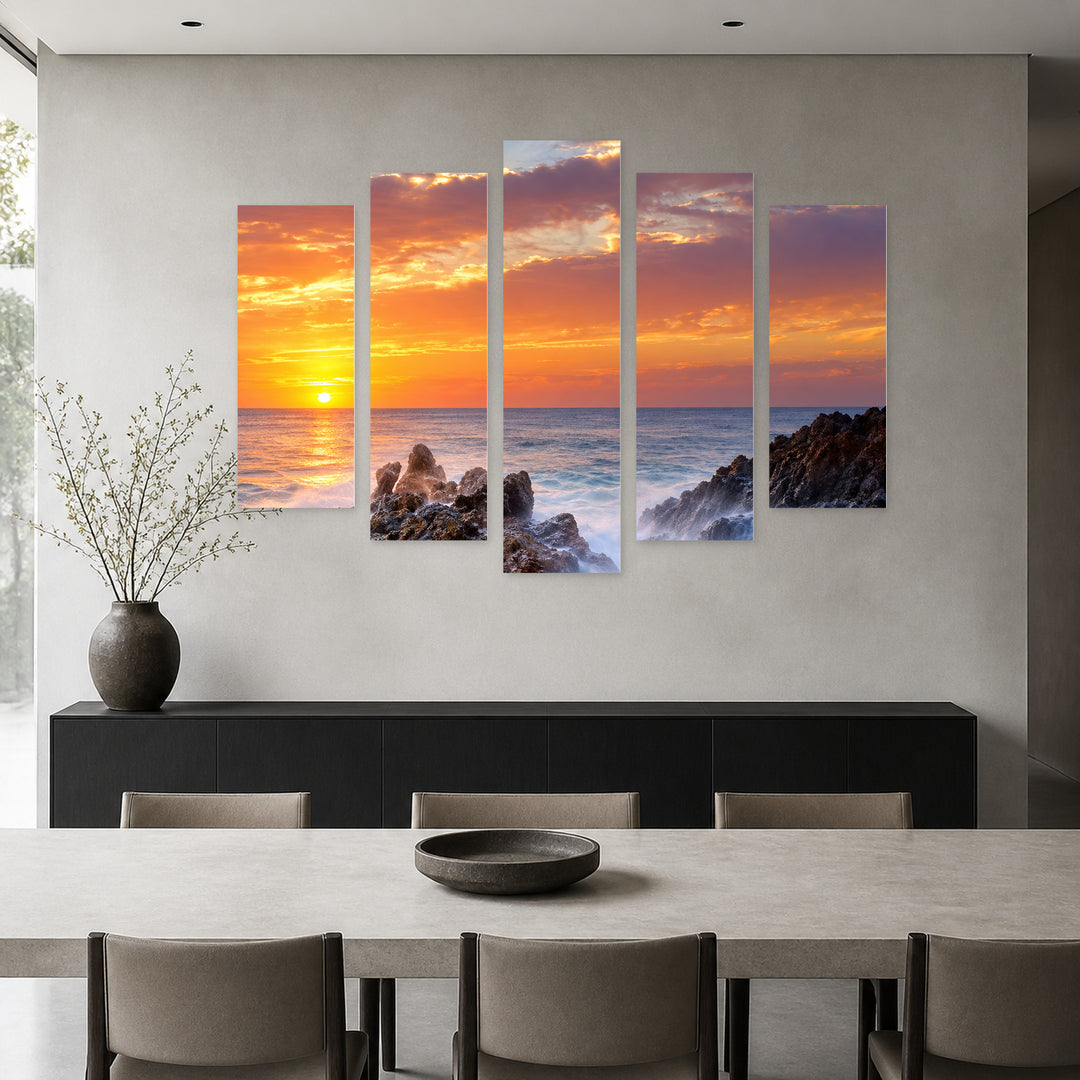 Bold Dreams in Blue and Gold — five-panel wall art in alternate frontal interior | 5wallart 57653 M4