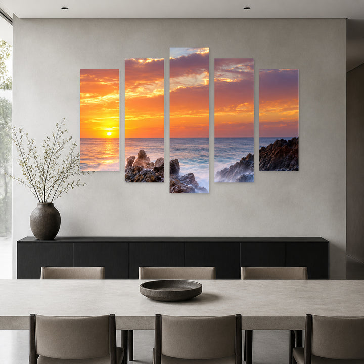 Bold Dreams in Blue and Gold — five-panel wall art in alternate frontal interior | 5wallart 57653 M4