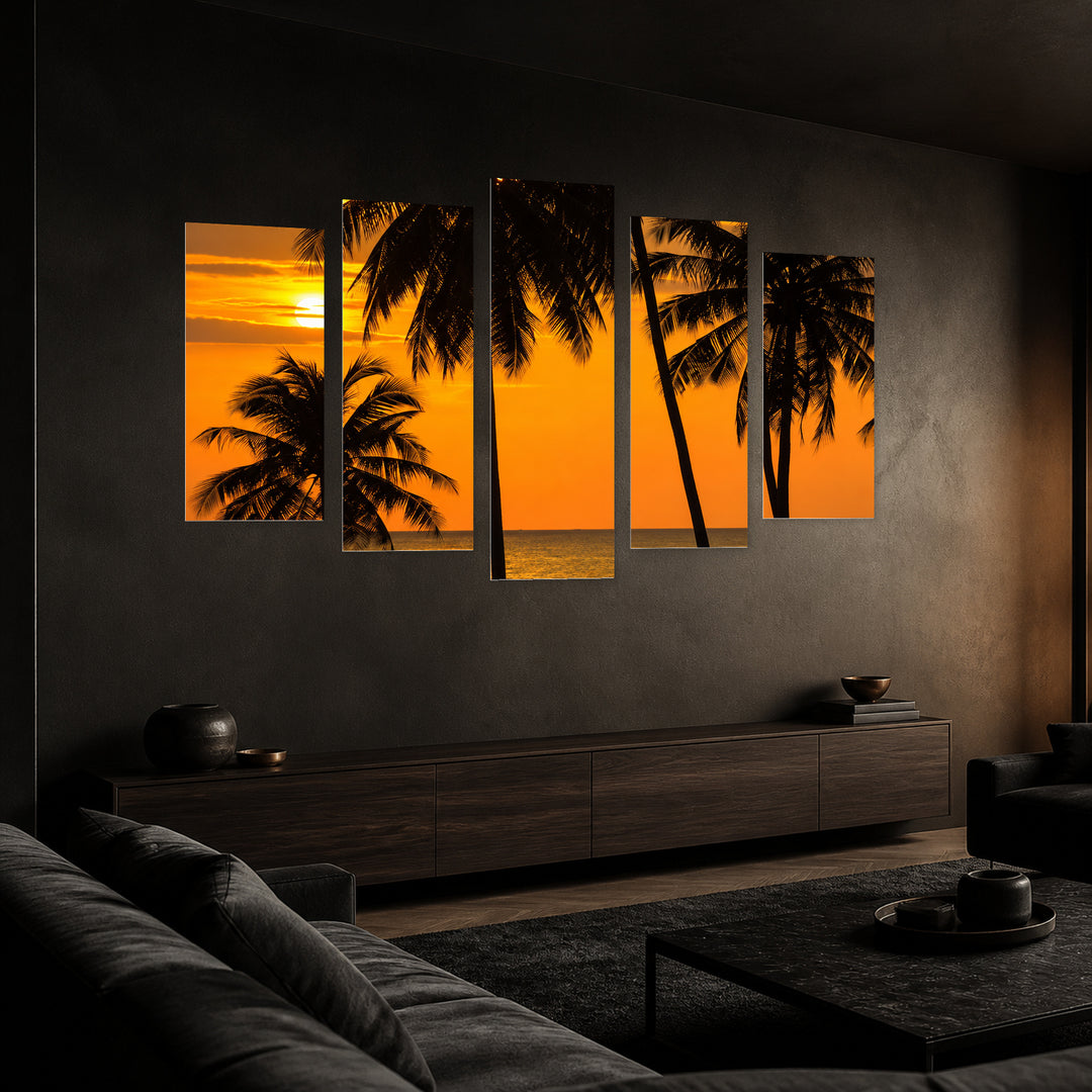Sunset Meeting in Serene Light — five-panel wall art in perspective interior | 5wallart 57655 M2