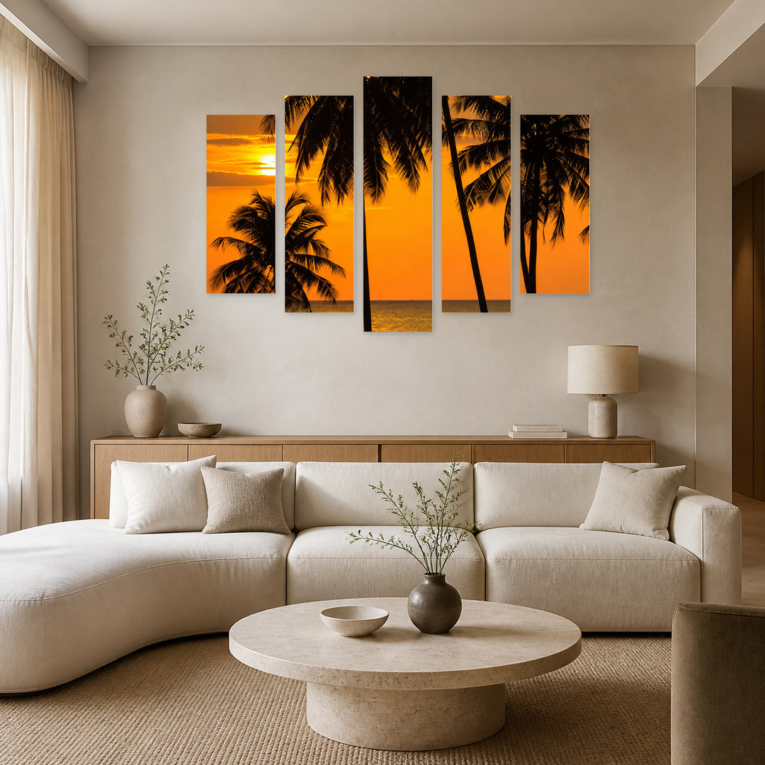 Sunset Meeting in Serene Light — five-panel wall art in frontal interior | 5wallart 57655 M3