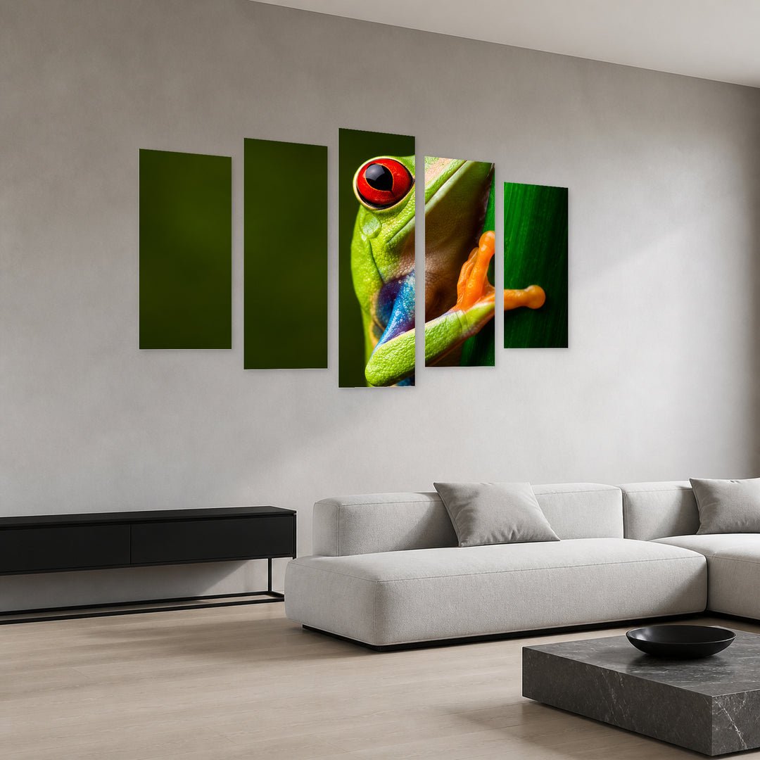 Red-eyed Tree Frog with Dramatic Contrast — five-panel wall art in perspective interior | 5wallart 57656 M2