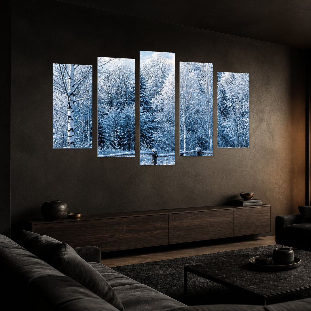 Winter Day with Geometric Rhythm — five-panel wall art in perspective interior | 5wallart 57657 M2