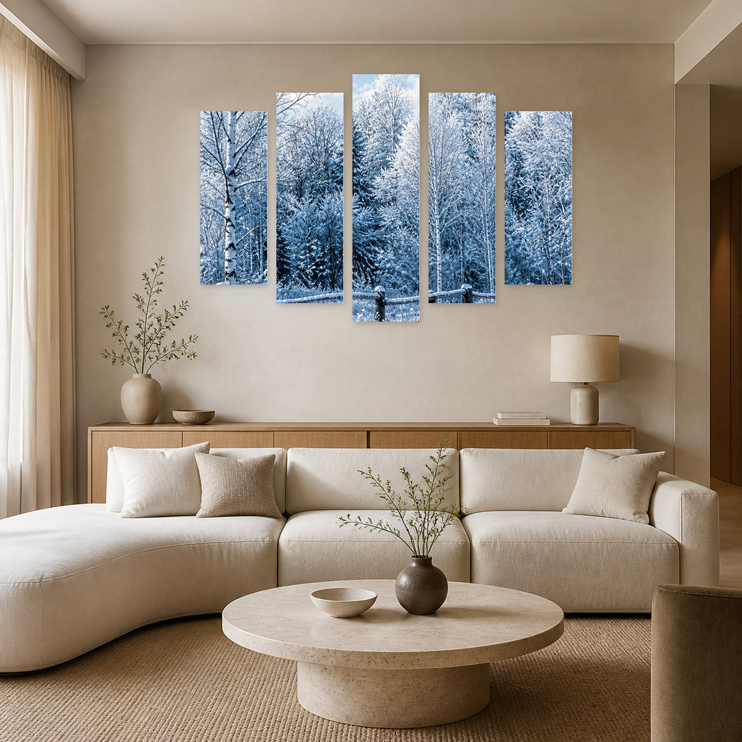 Winter Day with Geometric Rhythm — five-panel wall art in frontal interior | 5wallart 57657 M3