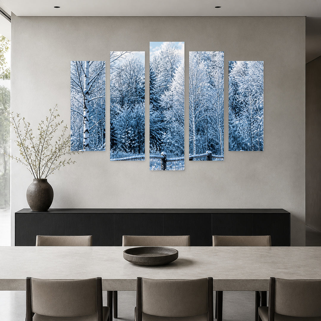 Winter Day with Geometric Rhythm — five-panel wall art in alternate frontal interior | 5wallart 57657 M4
