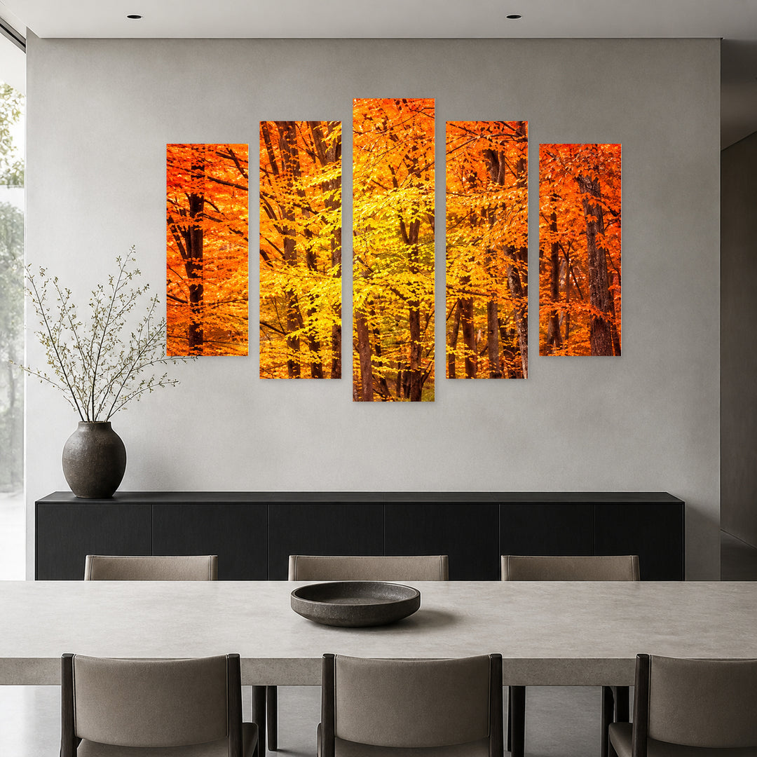 Fiery Flowers in Serene Light — five-panel wall art in frontal interior | 5wallart 57662 M3