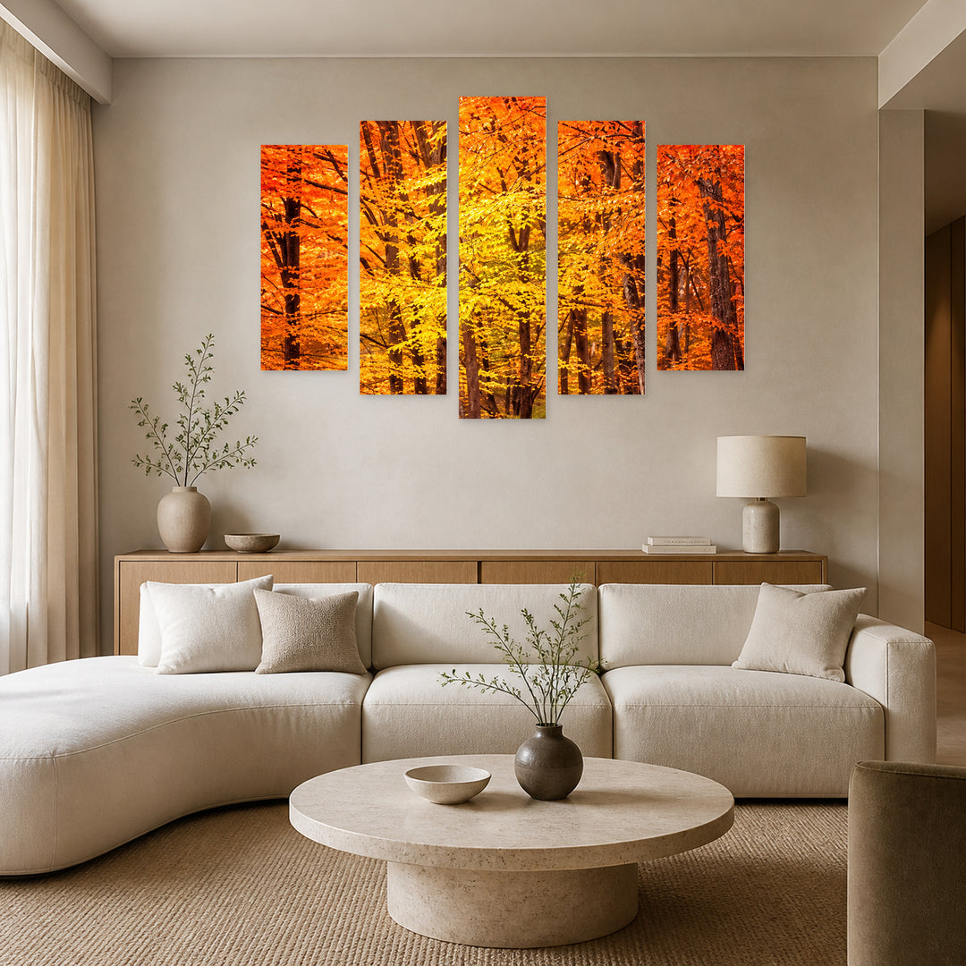 Fiery Flowers in Serene Light — five-panel wall art in alternate frontal interior | 5wallart 57662 M4