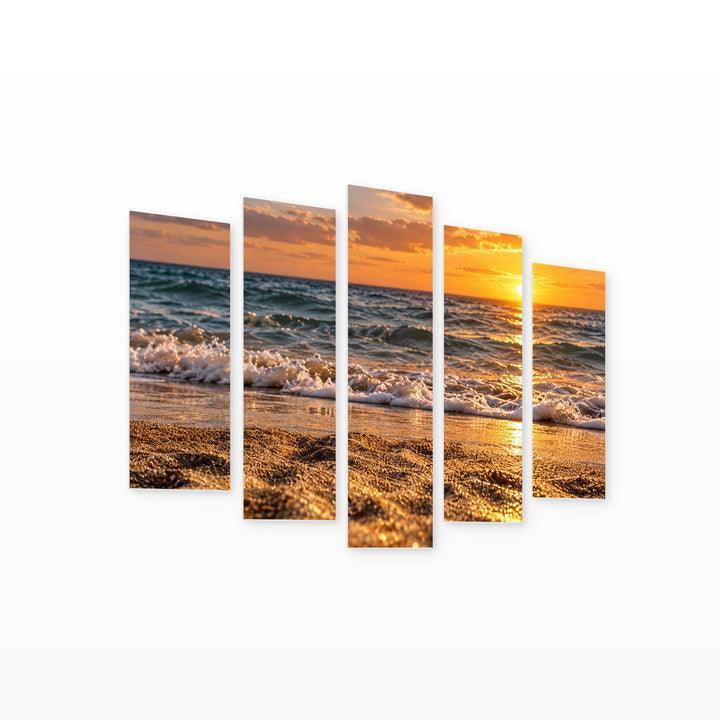 Wet Sand at Golden Sunset — five-panel wall art on white background in perspective | 5wallart 57663 M1