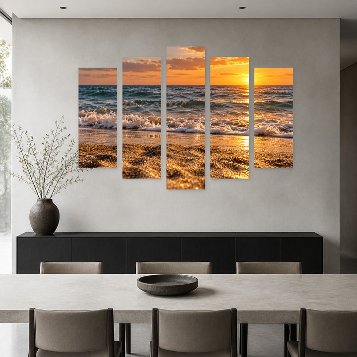 Wet Sand at Golden Sunset — five-panel wall art in alternate frontal interior | 5wallart 57663 M4