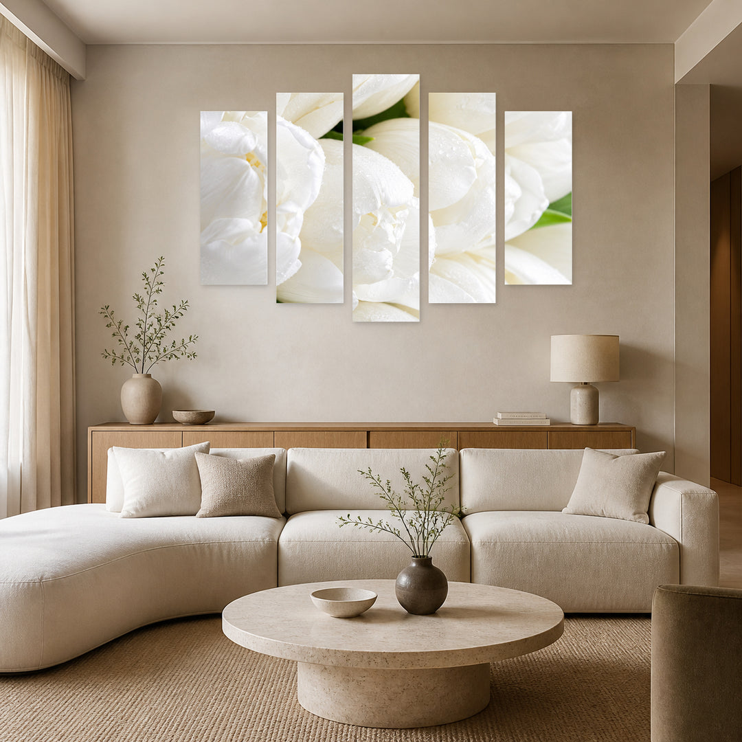 White Tulips in Winter — five-panel wall art in frontal interior | 5wallart 57665 M3