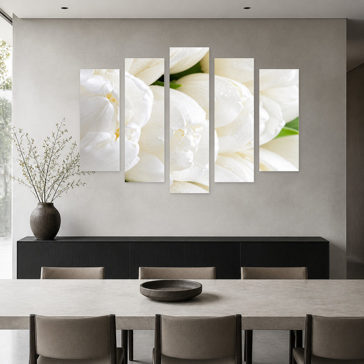 White Tulips in Winter — five-panel wall art in alternate frontal interior | 5wallart 57665 M4