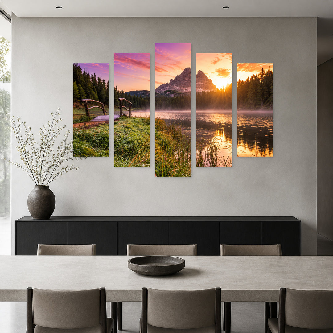 Natural Reflection in Serene Light — five-panel wall art in alternate frontal interior | 5wallart 57667 M4