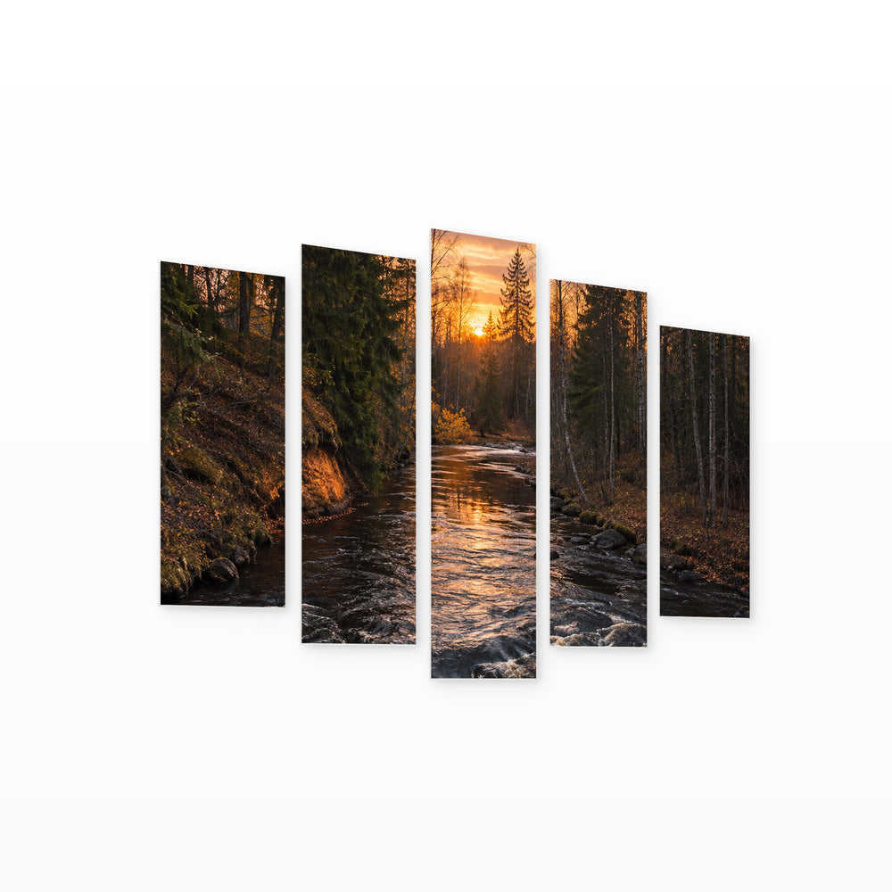 Dusk with Geometric Rhythm — five-panel wall art on white background in perspective | 5wallart 57670 M1