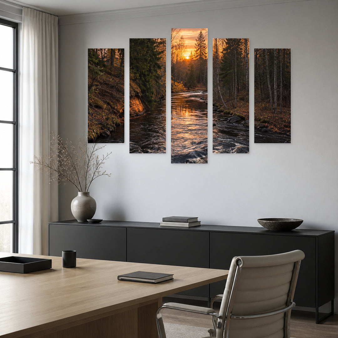Dusk with Geometric Rhythm — five-panel wall art in frontal interior | 5wallart 57670 M3