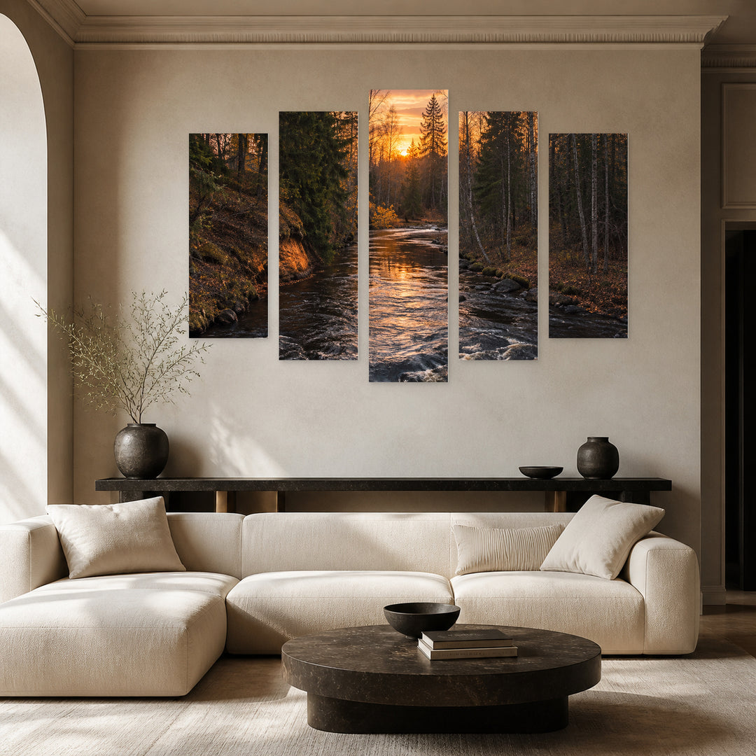 Dusk with Geometric Rhythm — five-panel wall art in alternate frontal interior | 5wallart 57670 M4
