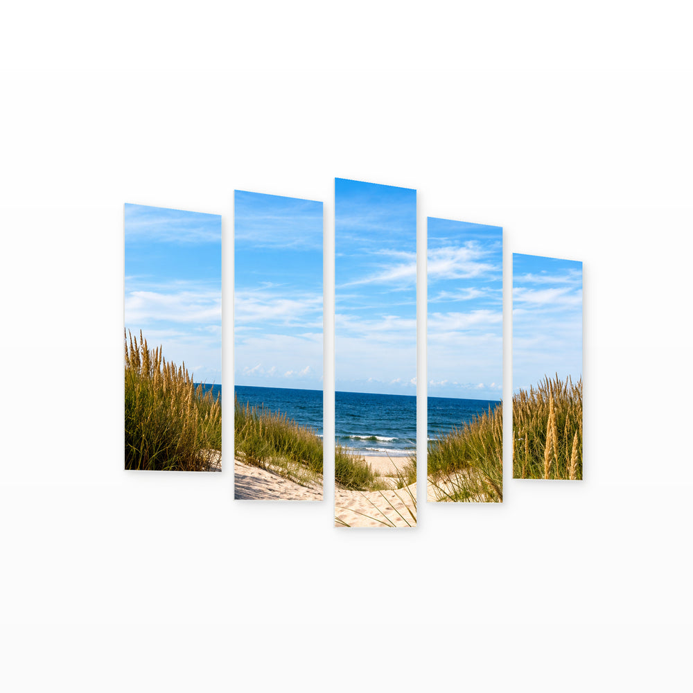 Toward the Beach in Serene Light — five-panel wall art on white background in perspective | 5wallart 57672 M1