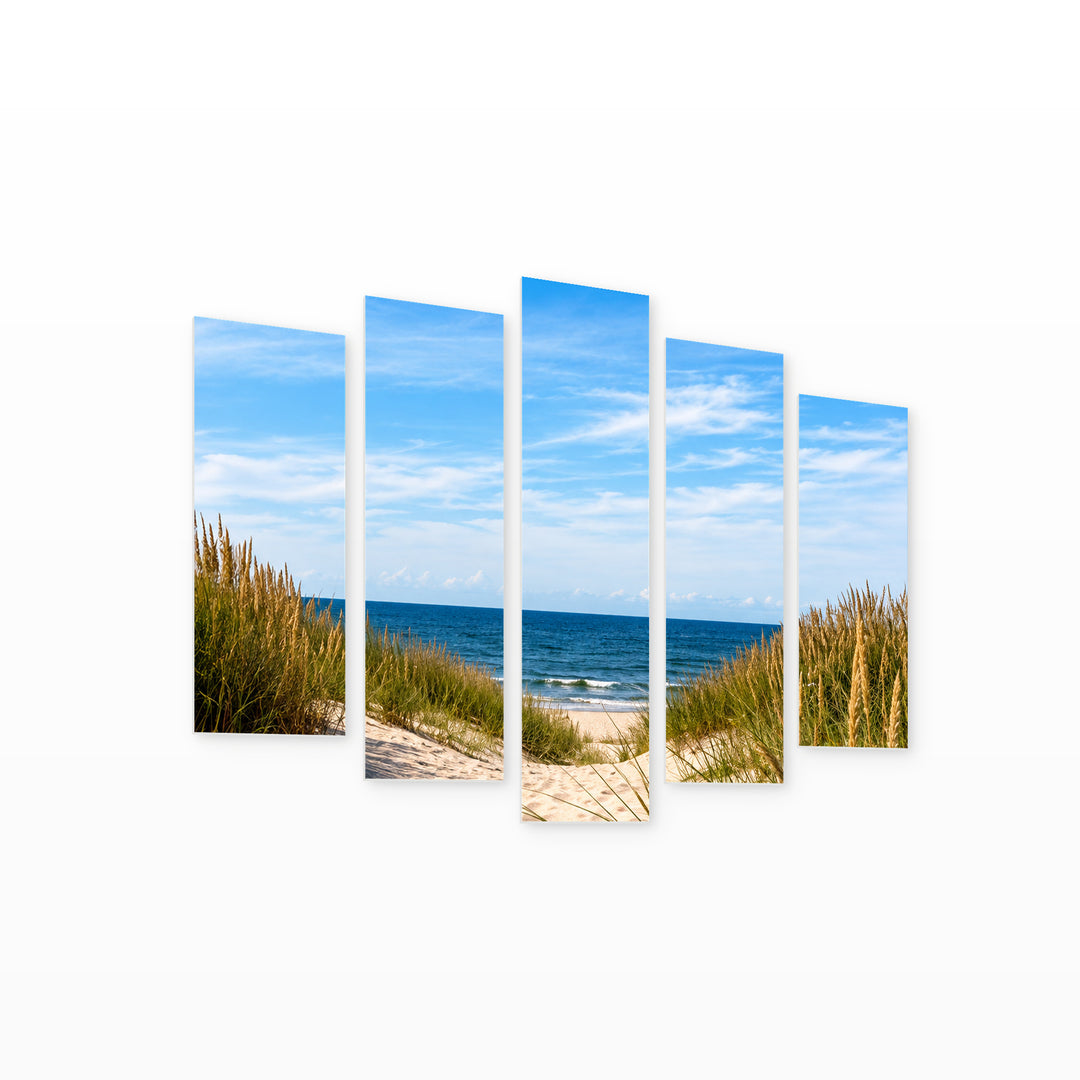 Toward the Beach in Serene Light — five-panel wall art on white background in perspective | 5wallart 57672 M1