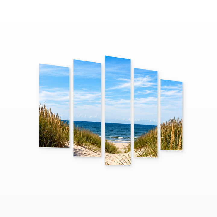 Toward the Beach in Serene Light — five-panel wall art on white background in perspective | 5wallart 57672 M1