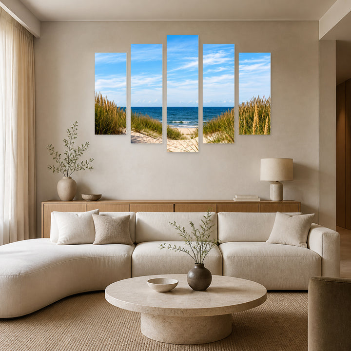 Toward the Beach in Serene Light — five-panel wall art in alternate frontal interior | 5wallart 57672 M4