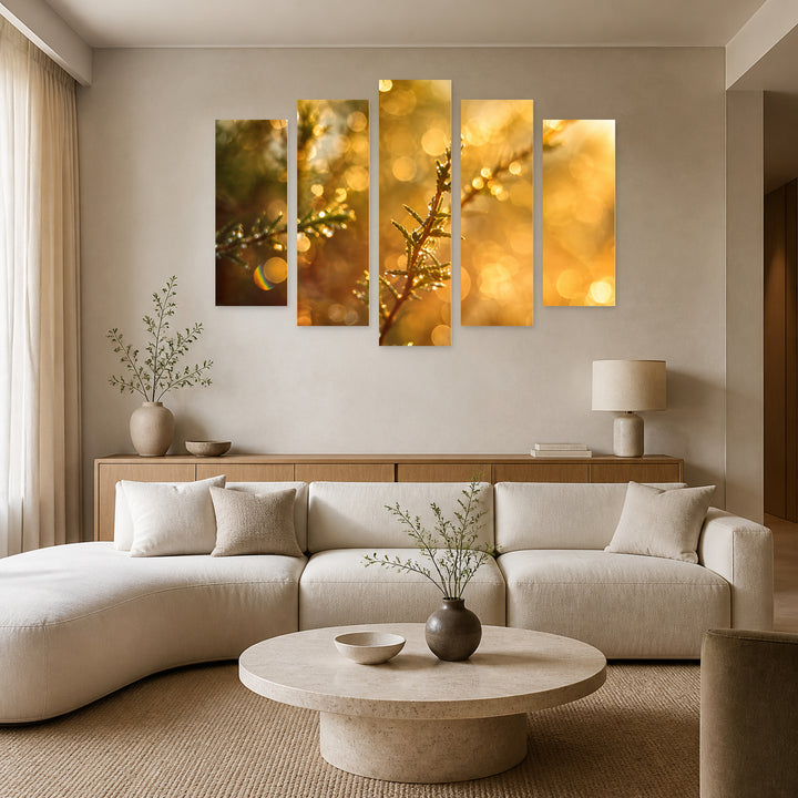 Glowing Dew with Dreamlike Atmosphere — five-panel wall art in frontal interior | 5wallart 57673 M3