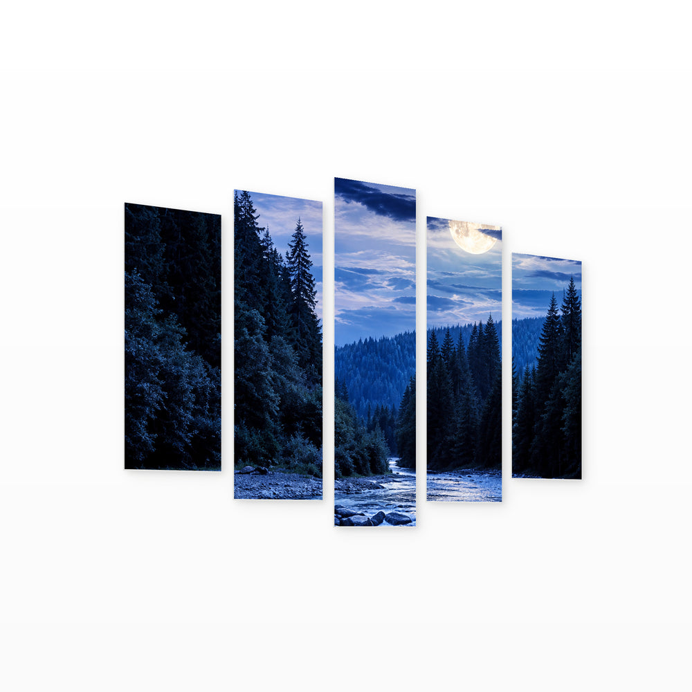 Blue Landscape in Serene Light — five-panel wall art on white background in perspective | 5wallart 57675 M1