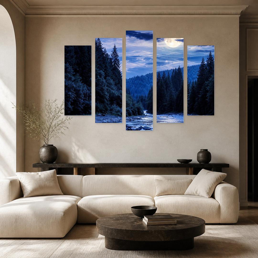 Blue Landscape in Serene Light — five-panel wall art in frontal interior | 5wallart 57675 M3