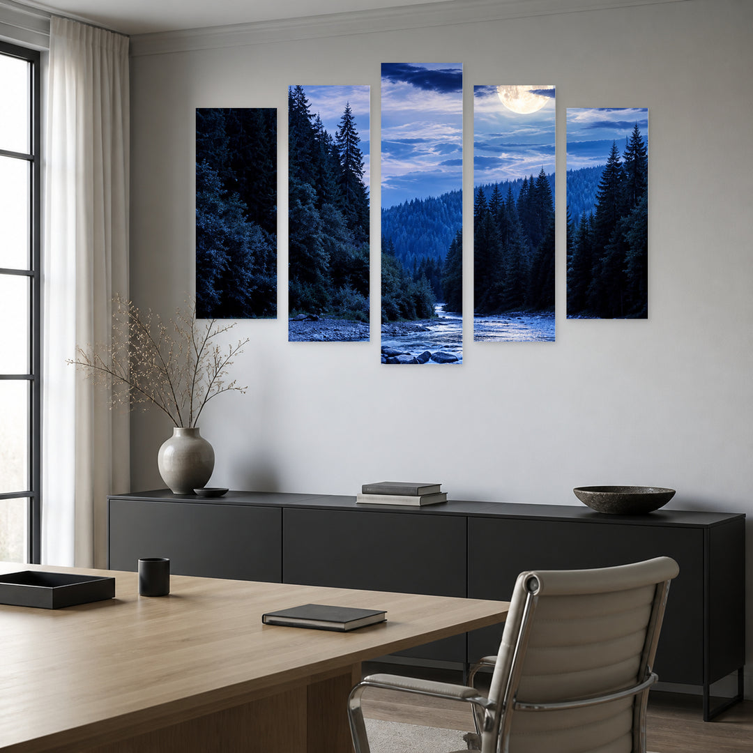 Blue Landscape in Serene Light — five-panel wall art in alternate frontal interior | 5wallart 57675 M4