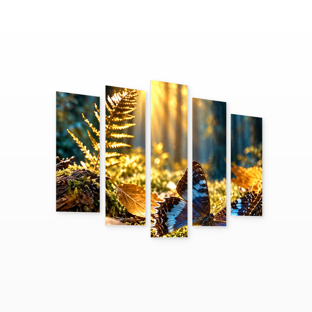 Magical Forest in Blue and Gold — five-panel wall art on white background in perspective | 5wallart 57676 M1