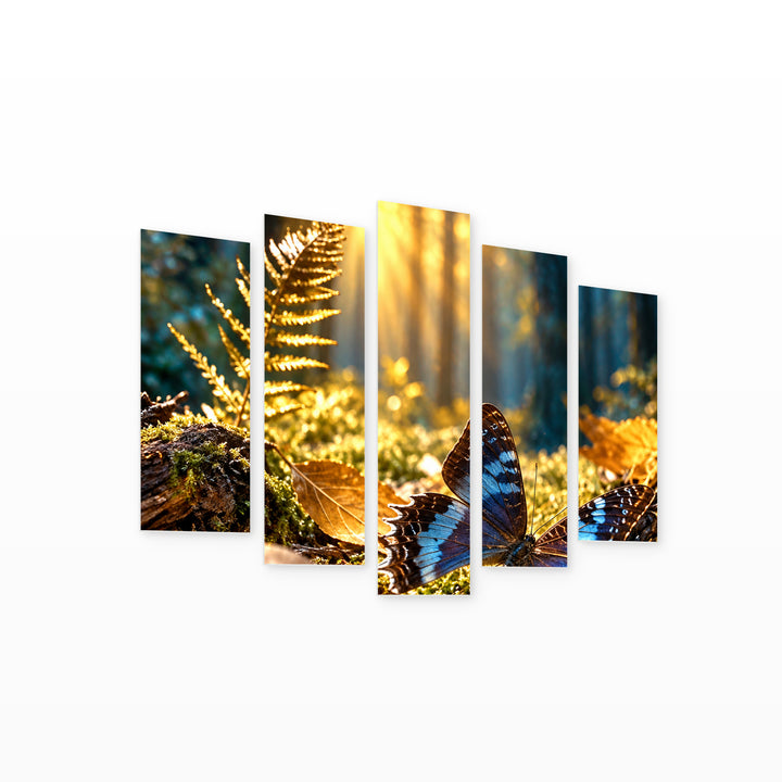 Magical Forest in Blue and Gold — five-panel wall art on white background in perspective | 5wallart 57676 M1