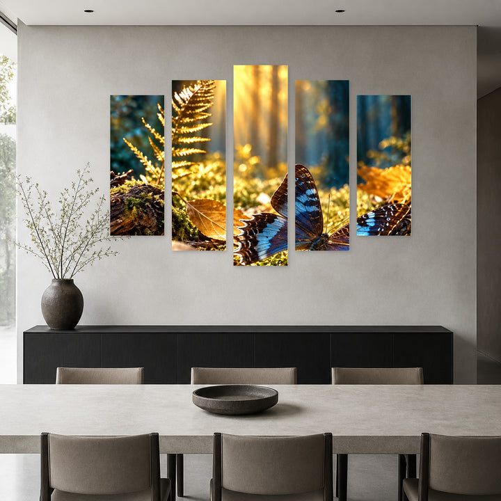 Magical Forest in Blue and Gold — five-panel wall art in frontal interior | 5wallart 57676 M3