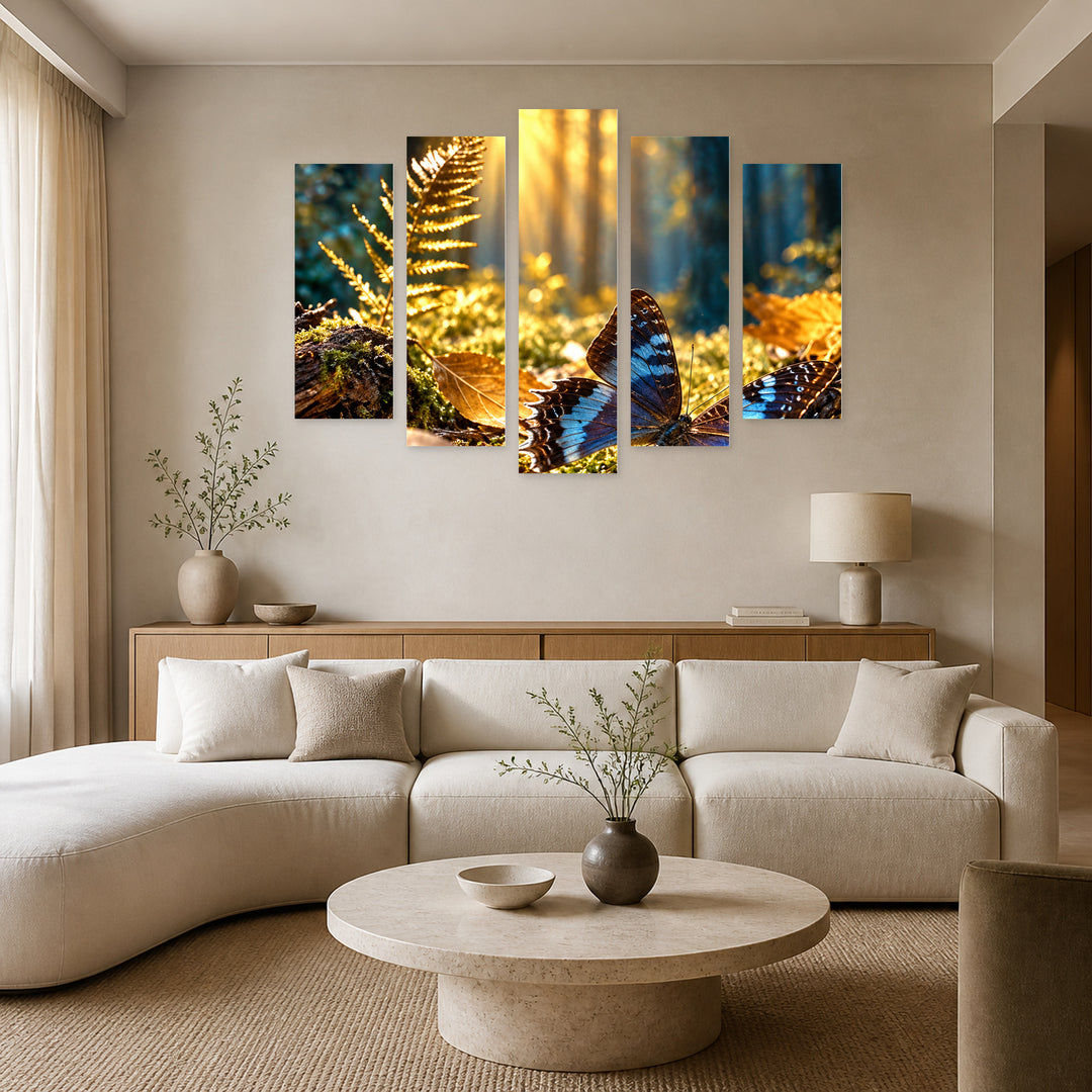 Magical Forest in Blue and Gold — five-panel wall art in alternate frontal interior | 5wallart 57676 M4