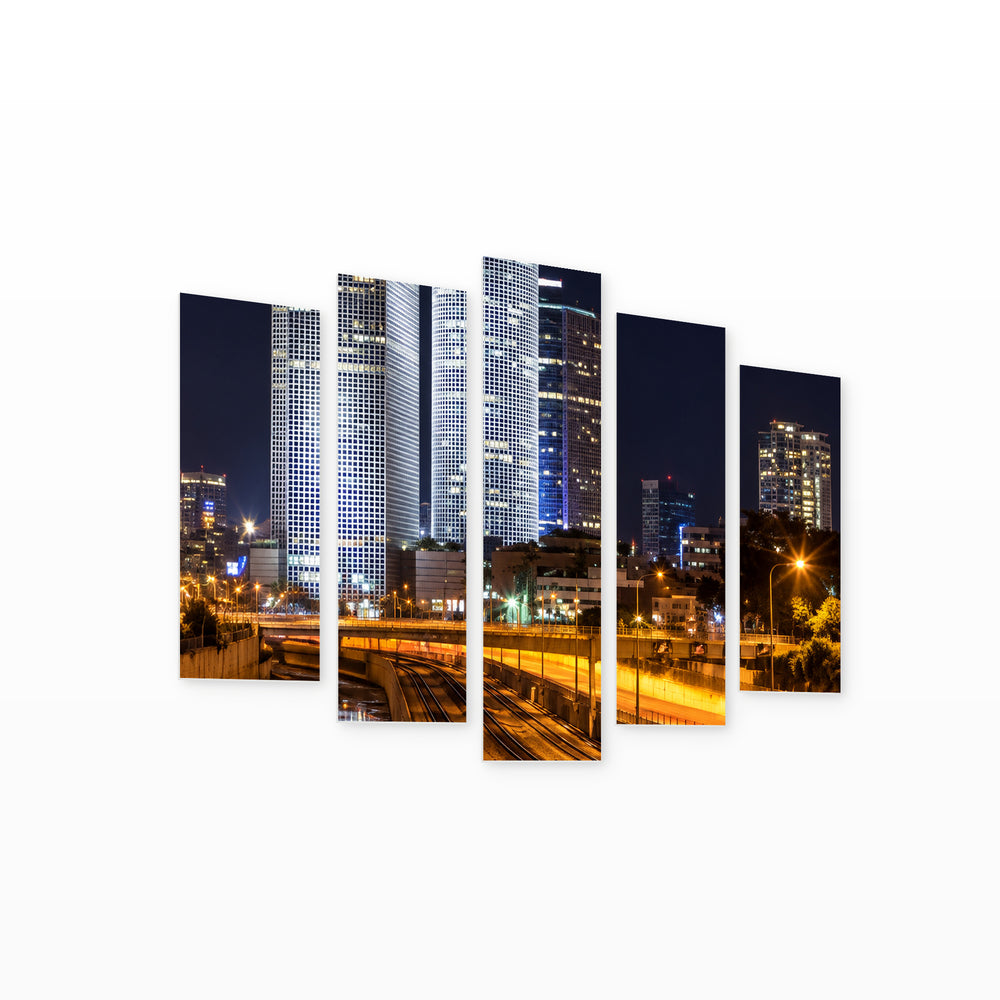 Tel Aviv, Israel at Night — five-panel wall art on white background in perspective | 5wallart 57678 M1