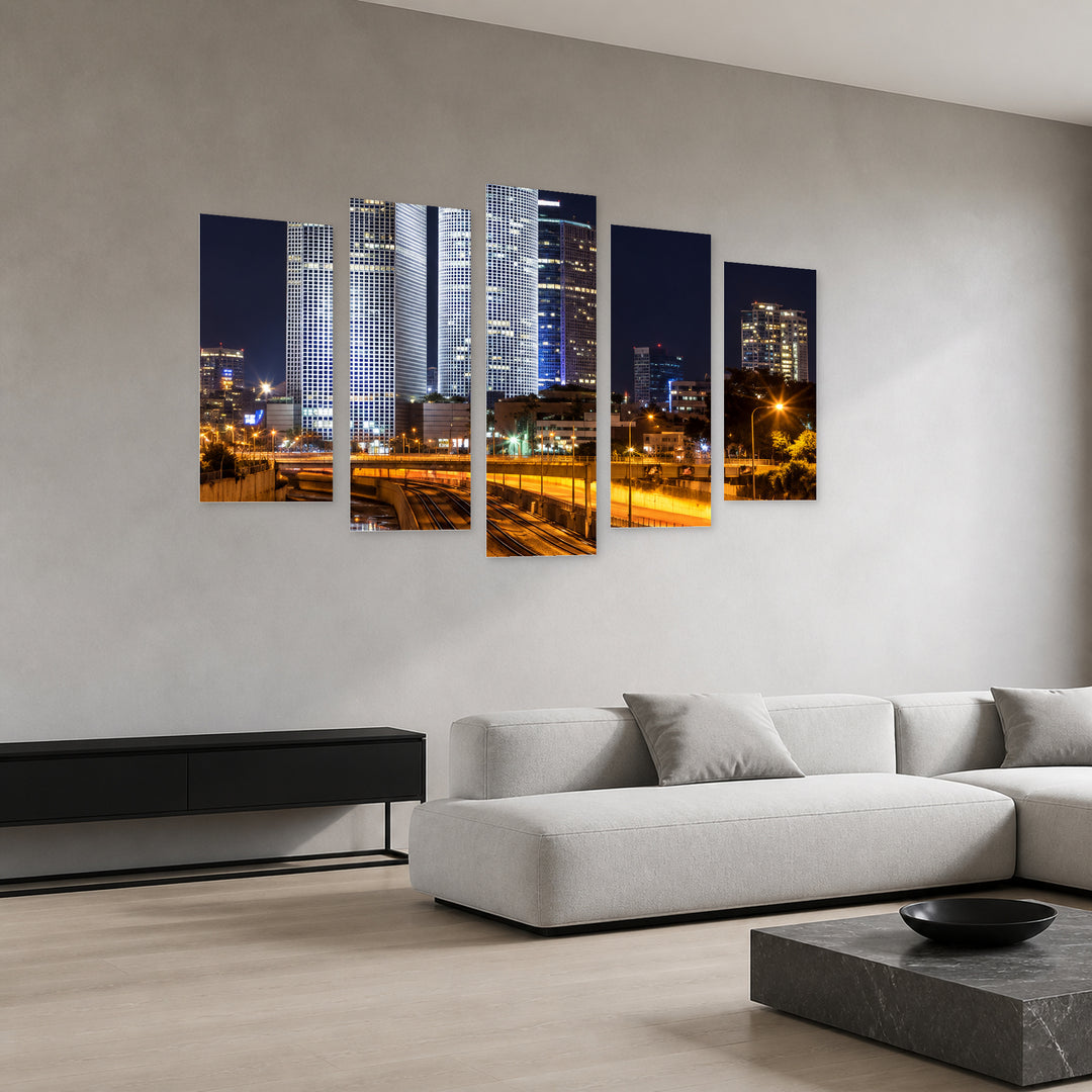 Tel Aviv, Israel at Night — five-panel wall art in perspective interior | 5wallart 57678 M2