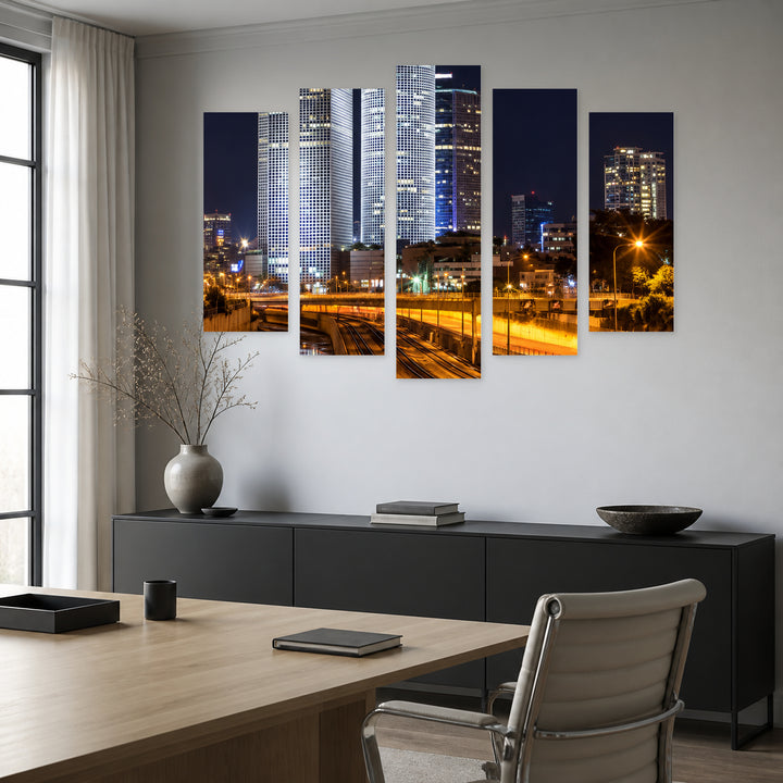 Tel Aviv, Israel at Night — five-panel wall art in frontal interior | 5wallart 57678 M3