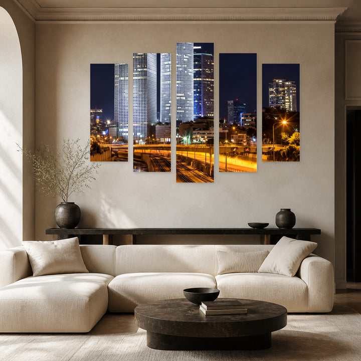Tel Aviv, Israel at Night — five-panel wall art in alternate frontal interior | 5wallart 57678 M4