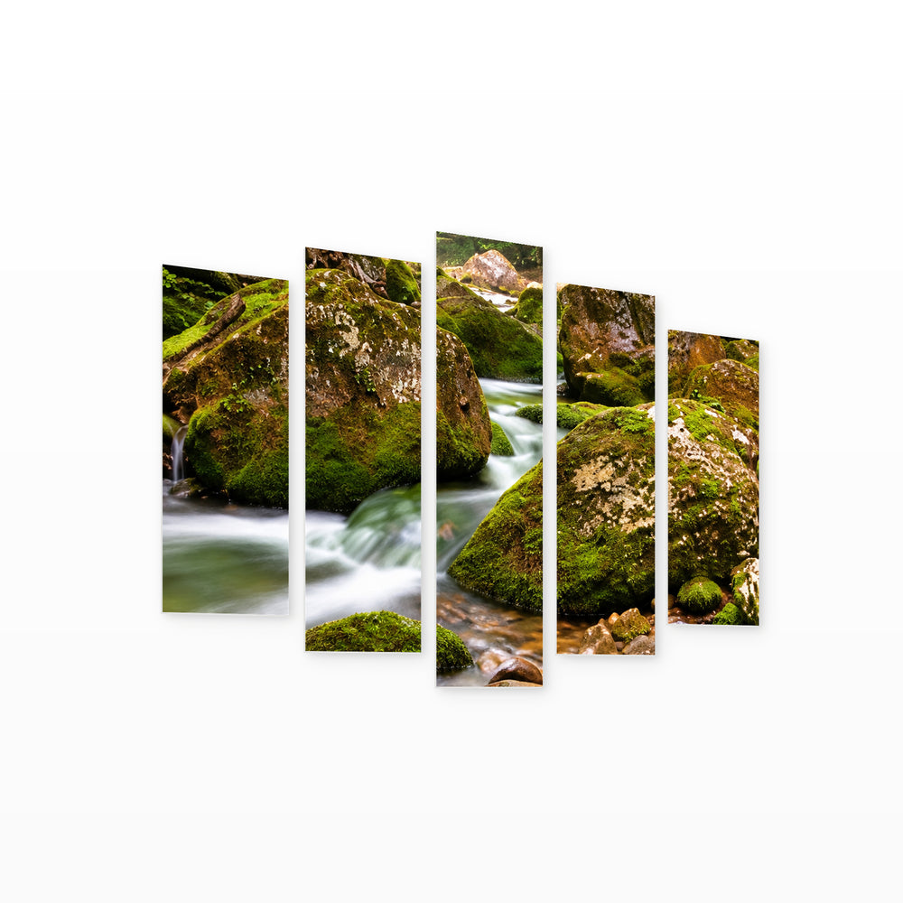 Stream in Serene Light — five-panel wall art on white background in perspective | 5wallart 57679 M1