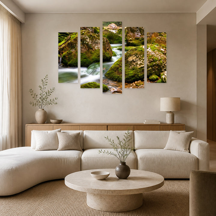 Stream in Serene Light — five-panel wall art in frontal interior | 5wallart 57679 M3